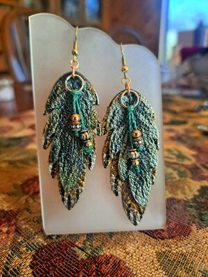 Painted Leather Feather Earrings - image4